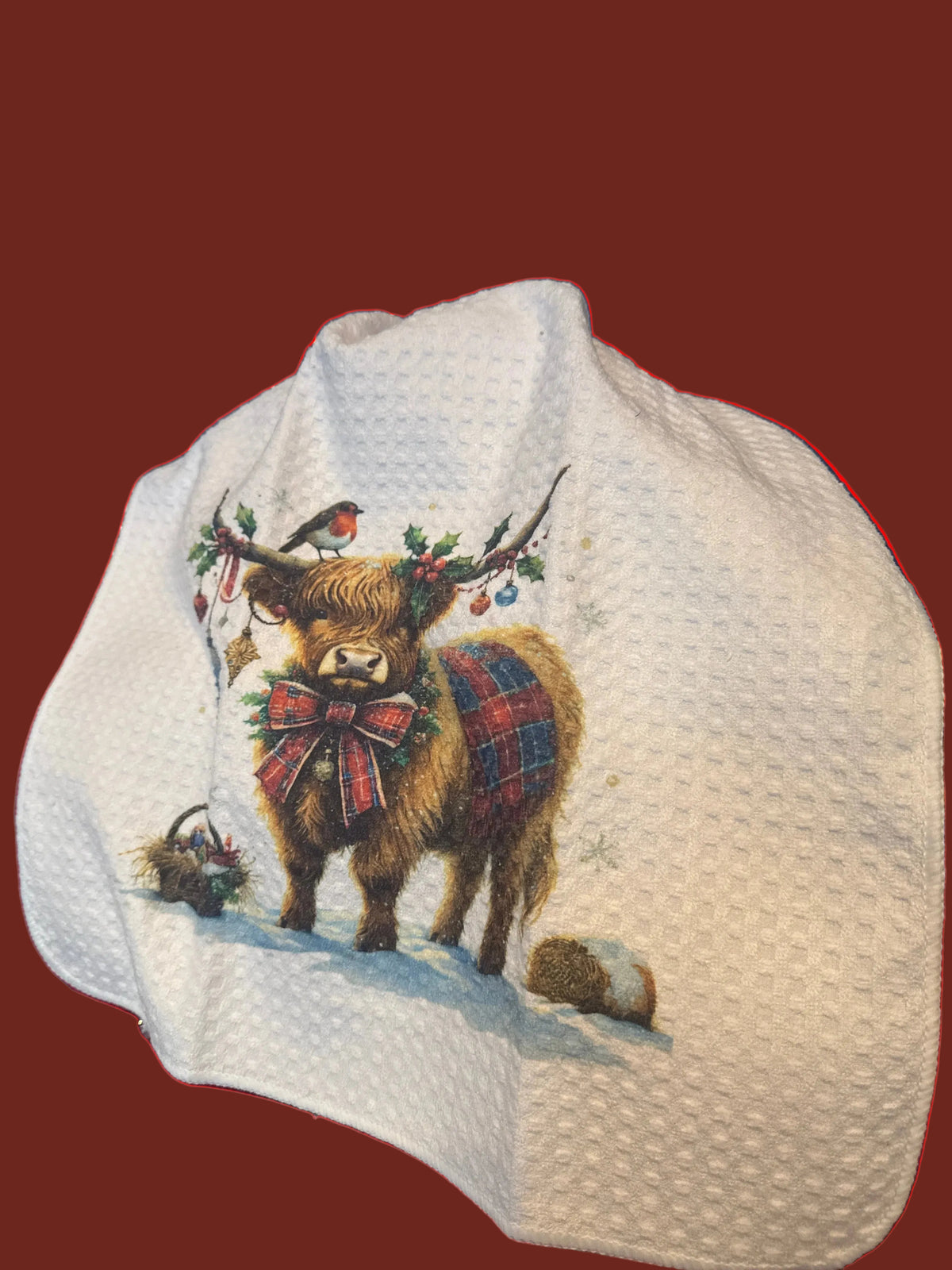 Tea Towel 15" x 27" Handmade Design - Christmas Highland Cow and Robin