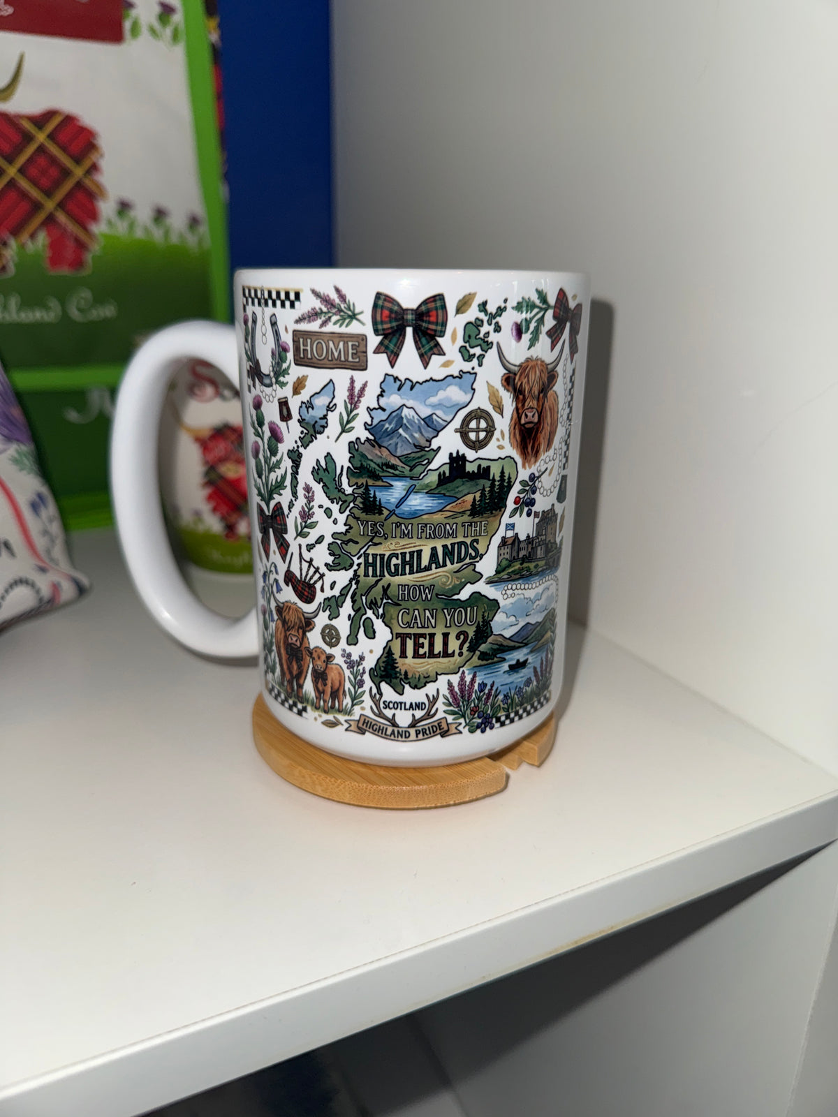 Mug 15oz Handmade Design - Scottish Icons with wood lid or coaster.