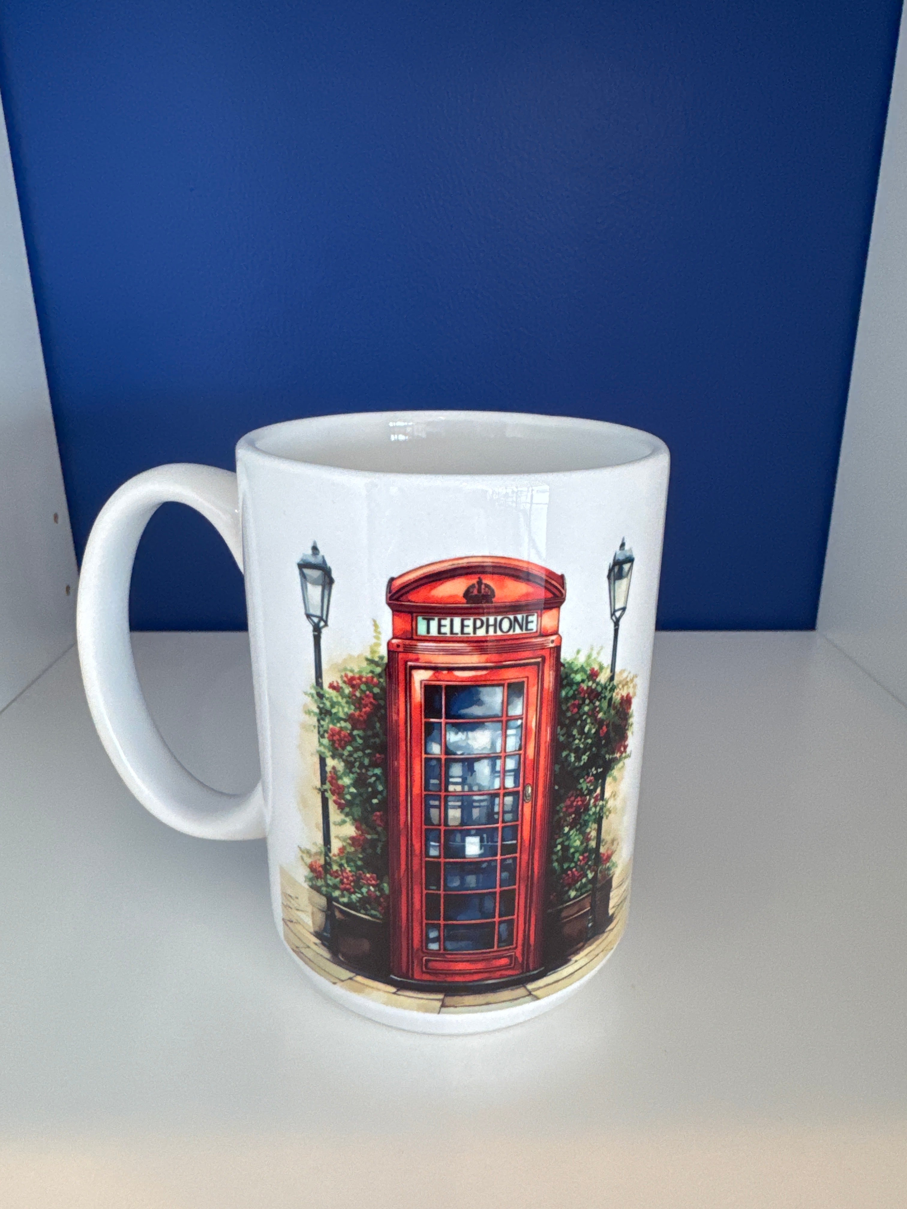 Mug 15oz Handmade - Telephone Box with Flower Bush and Lanterns
