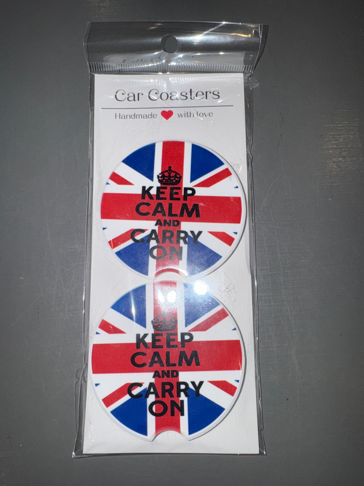 Car Coaster - Custom Made - Union Jack Flag Keep Calm and Carry On - Ceramic, Set of 2