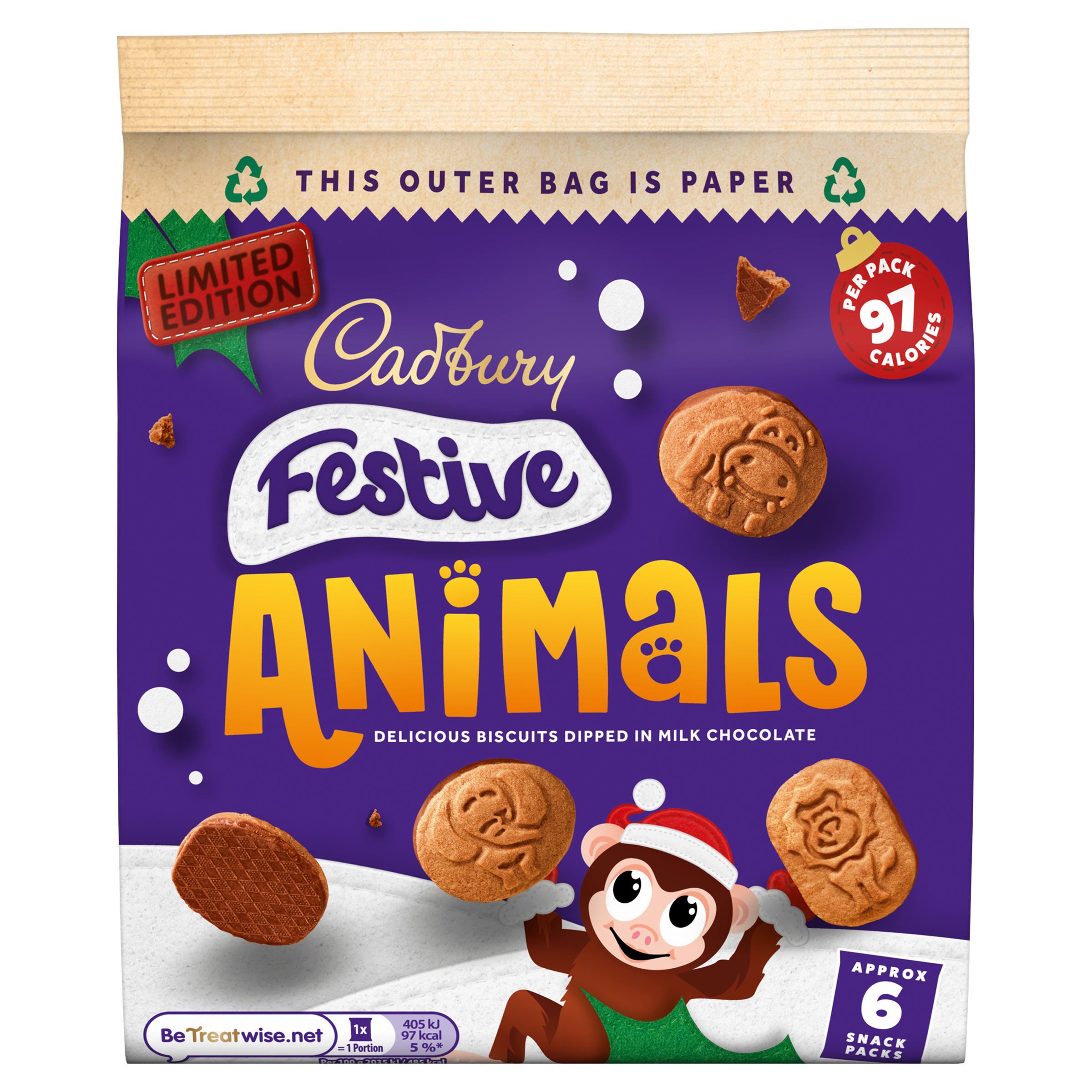 Cadbury Festive Animals Chocolate Biscuits 6 Pack 119g
