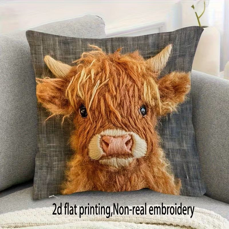 Cushion Cover Only (Print on One Side) - 2D Printed Highland Cow - Approx Size 20"