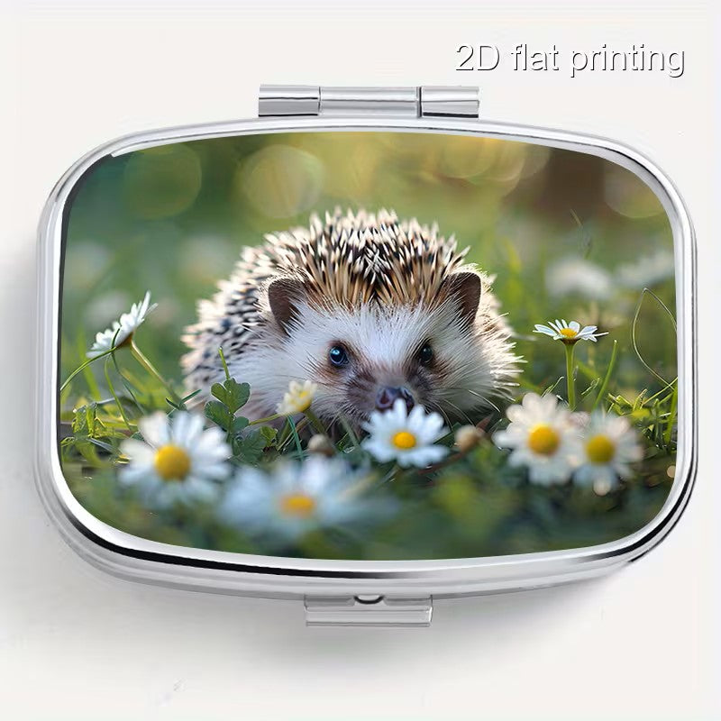 Pill Box - 2-Compartment - Hedgehog Print Design, Size 2.2" x 1.6"