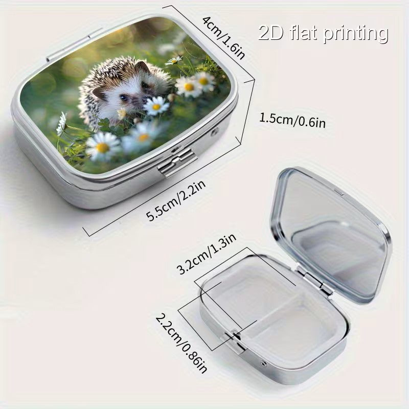 Pill Box - 2-Compartment - Hedgehog Print Design, Size 2.2" x 1.6"