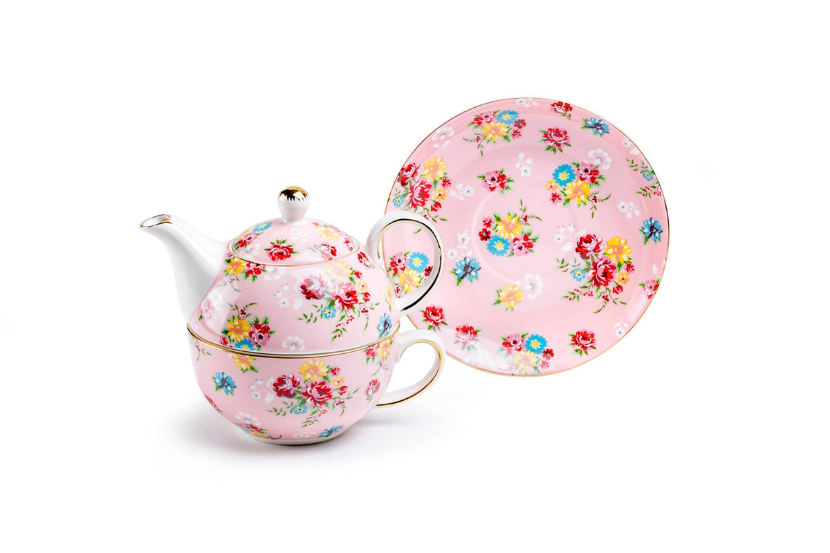 Tea For One Set - Pink Shabby Rose Fine Porcelain