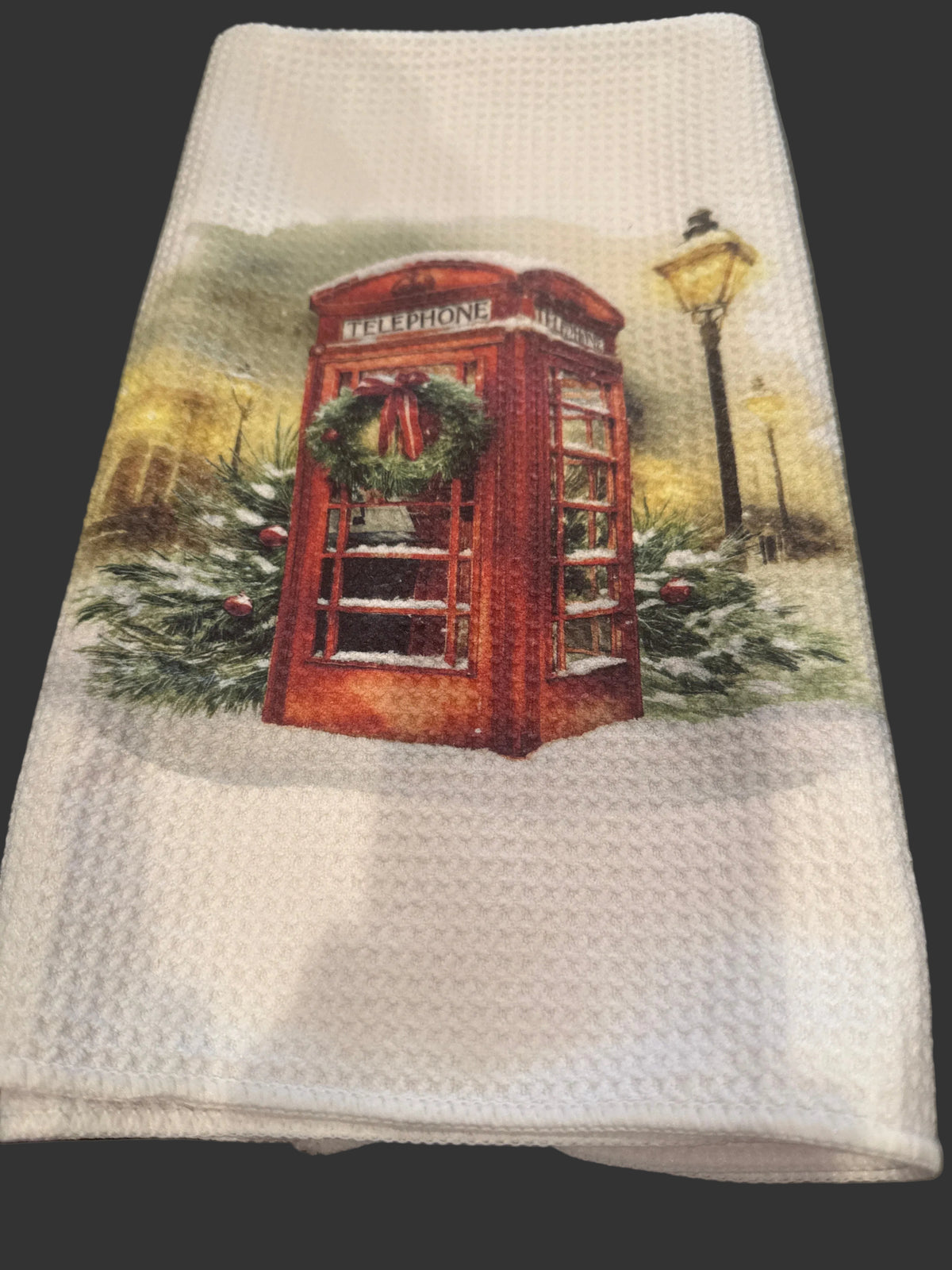 Tea Towel 15" x 27" Handmade Design - Telephone Box with Christmas Wreath, Lanterns and Trees