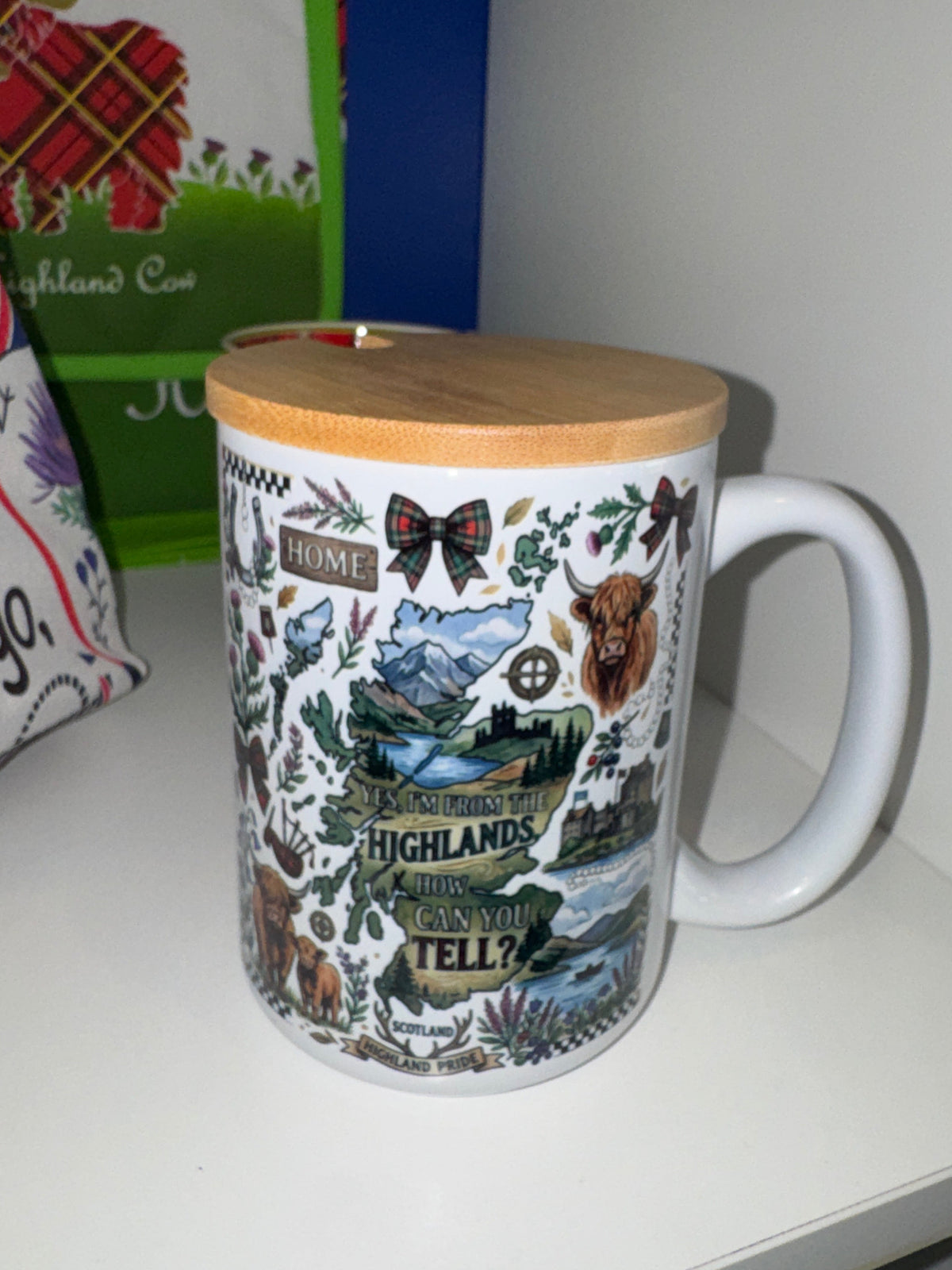 Mug 15oz Handmade Design - Scottish Icons  with wood lid or coaster.