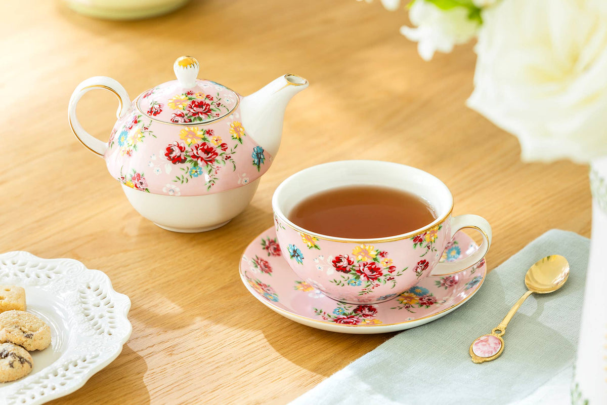 Tea For One Set - Pink Shabby Rose Fine Porcelain