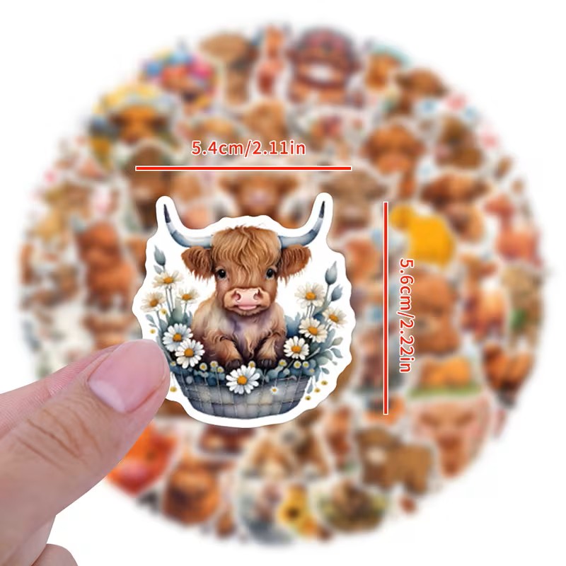 HIghland Cow Stickers 50 Pcs (assorted designs)