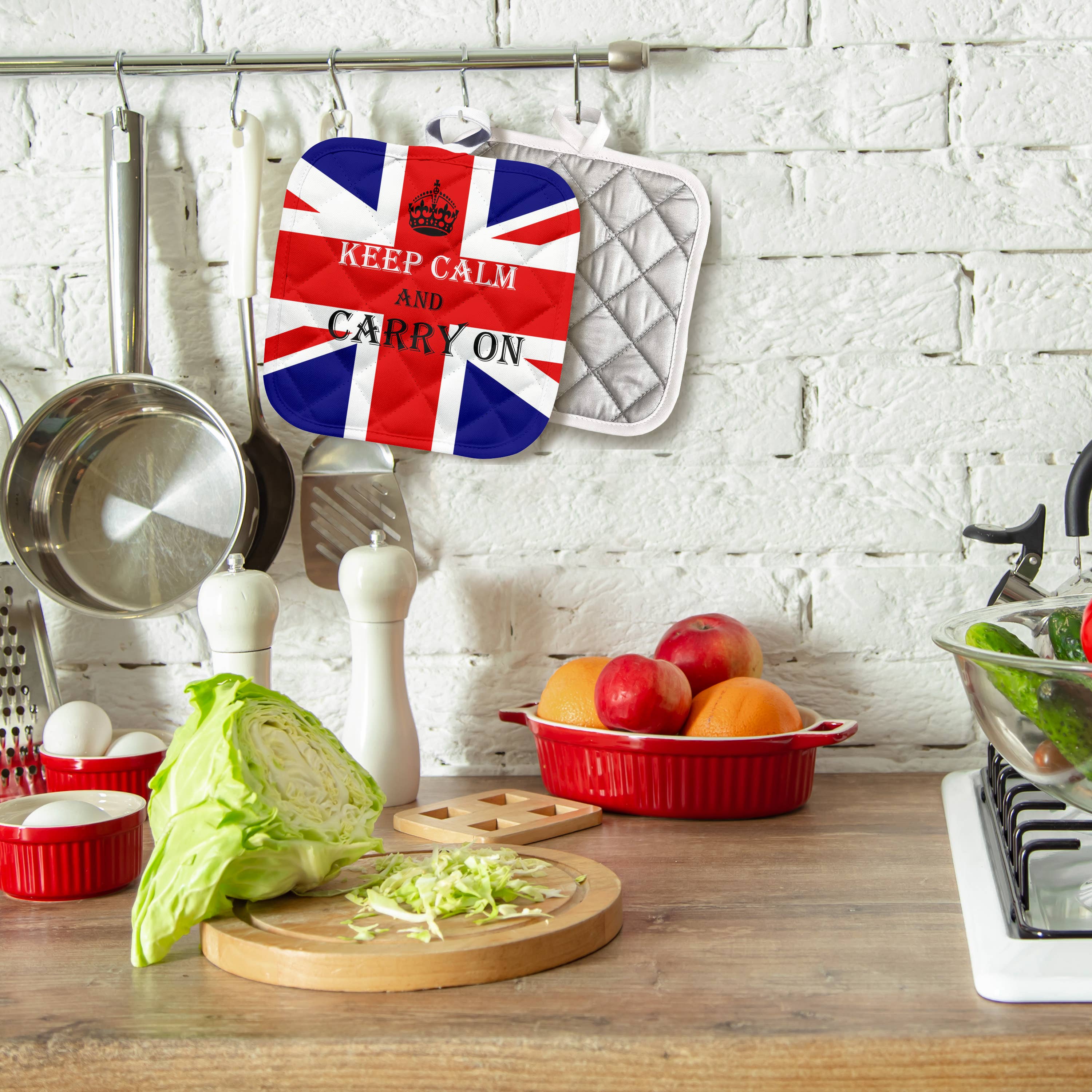 Potholder - Union Jack with Keep Calm and Carry On Saying - Size 8x8"