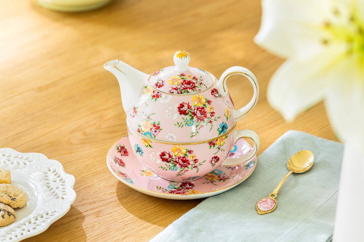 Tea For One Set - Pink Shabby Rose Fine Porcelain