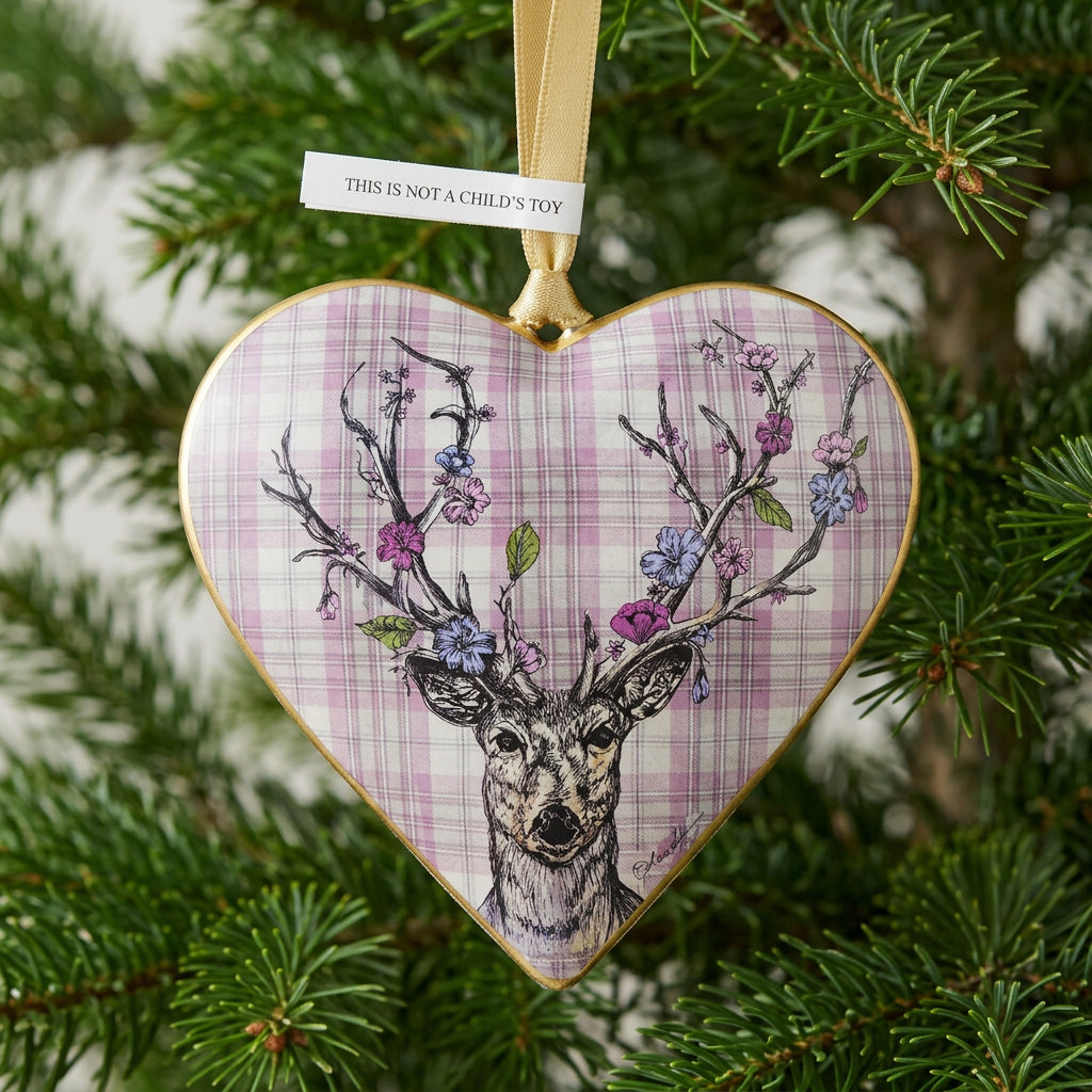 #78 Tinker Tailor Pink Tartan Stag Heart Decoration