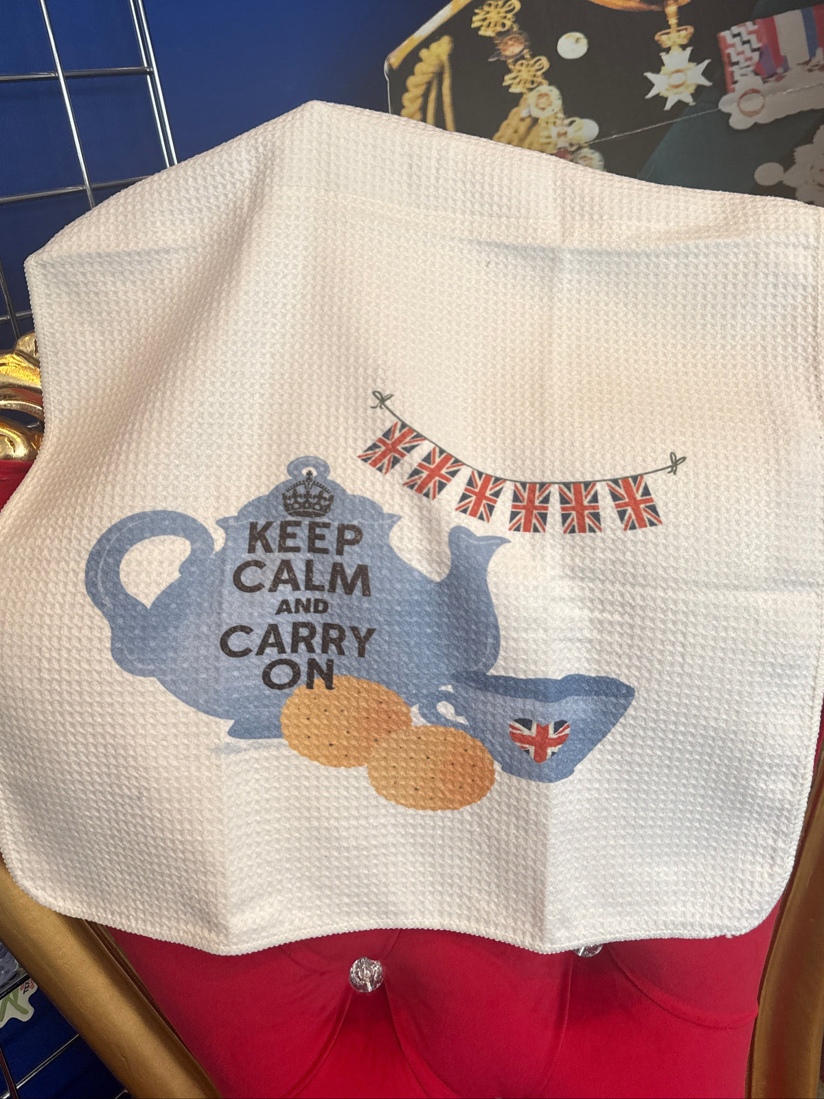 Tea Towel Handmade Design - Teapot, Cup, Biscuits with Keep Calm and Carry On. Size 15x27