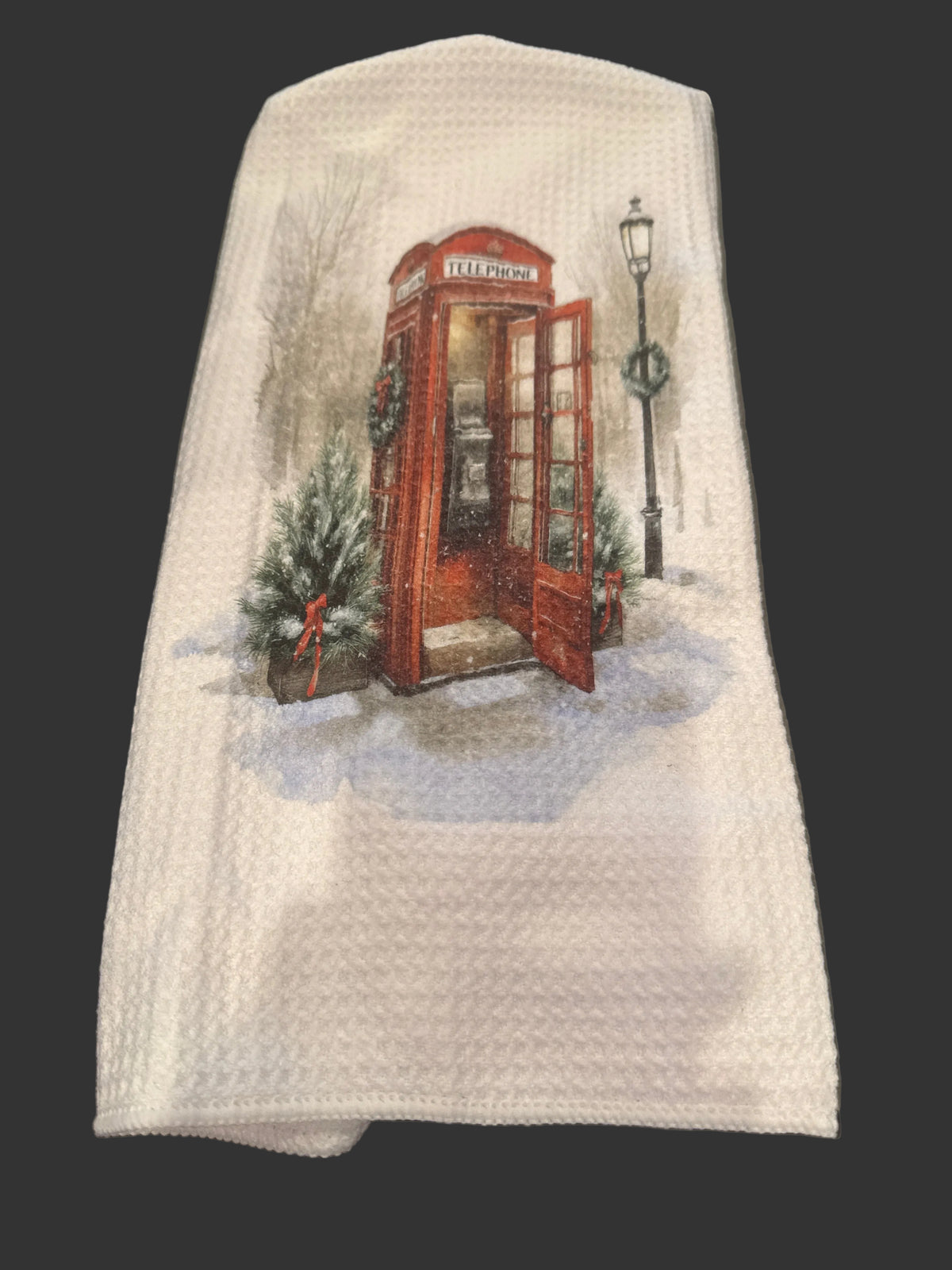 Tea Towel 15" x 27" Handmade Design - Telephone Box with Christmas Wreath, Lanterns and Trees