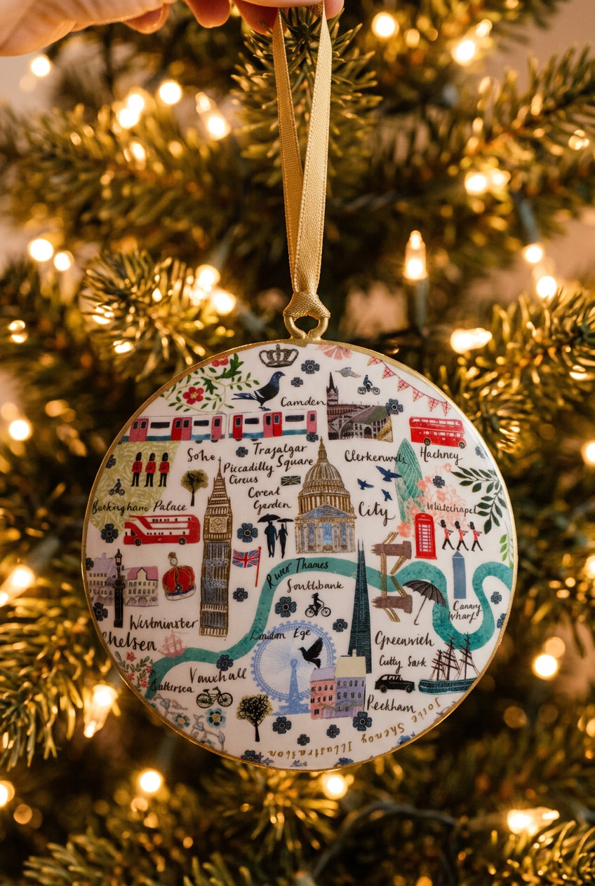 #80 Tinker Tailor Round Metal Ornament Map of London Icons Approx 4"