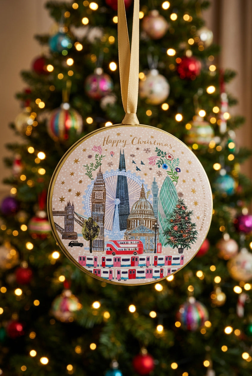 #79 Tinker Tailor London Skyline Metal Round Ornament Approx 4"
