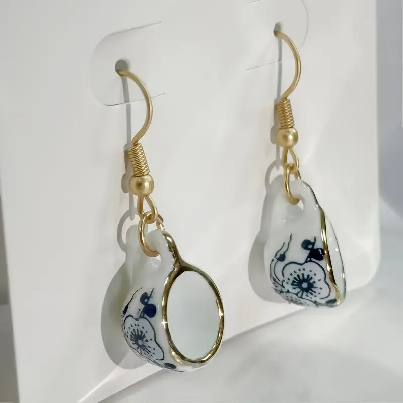 Earrings - Teacup Flower Blue & White Gold Colour Rim with Silver or Gold Alloy Hook, Size: 1.38"