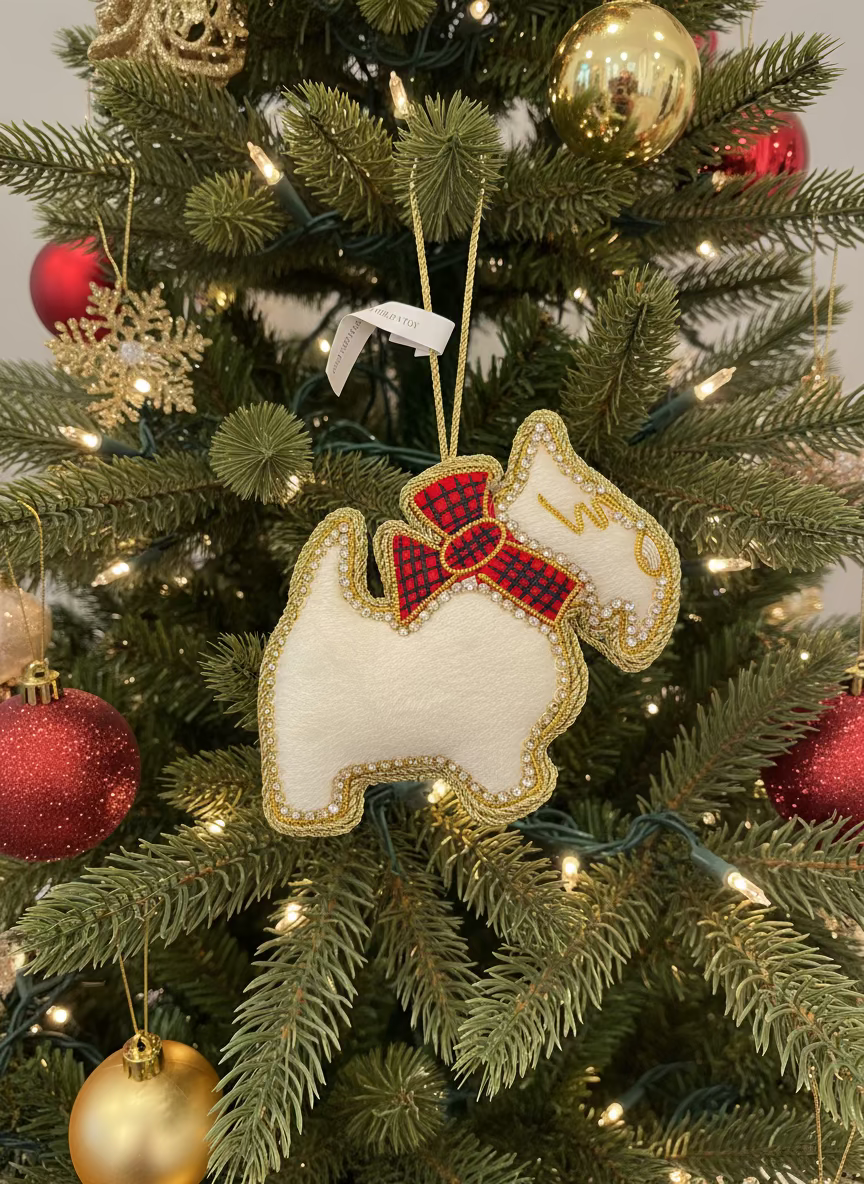 #54 Tinker Tailor White Scottie Dog with Tartan Collar Christmas Ornament
