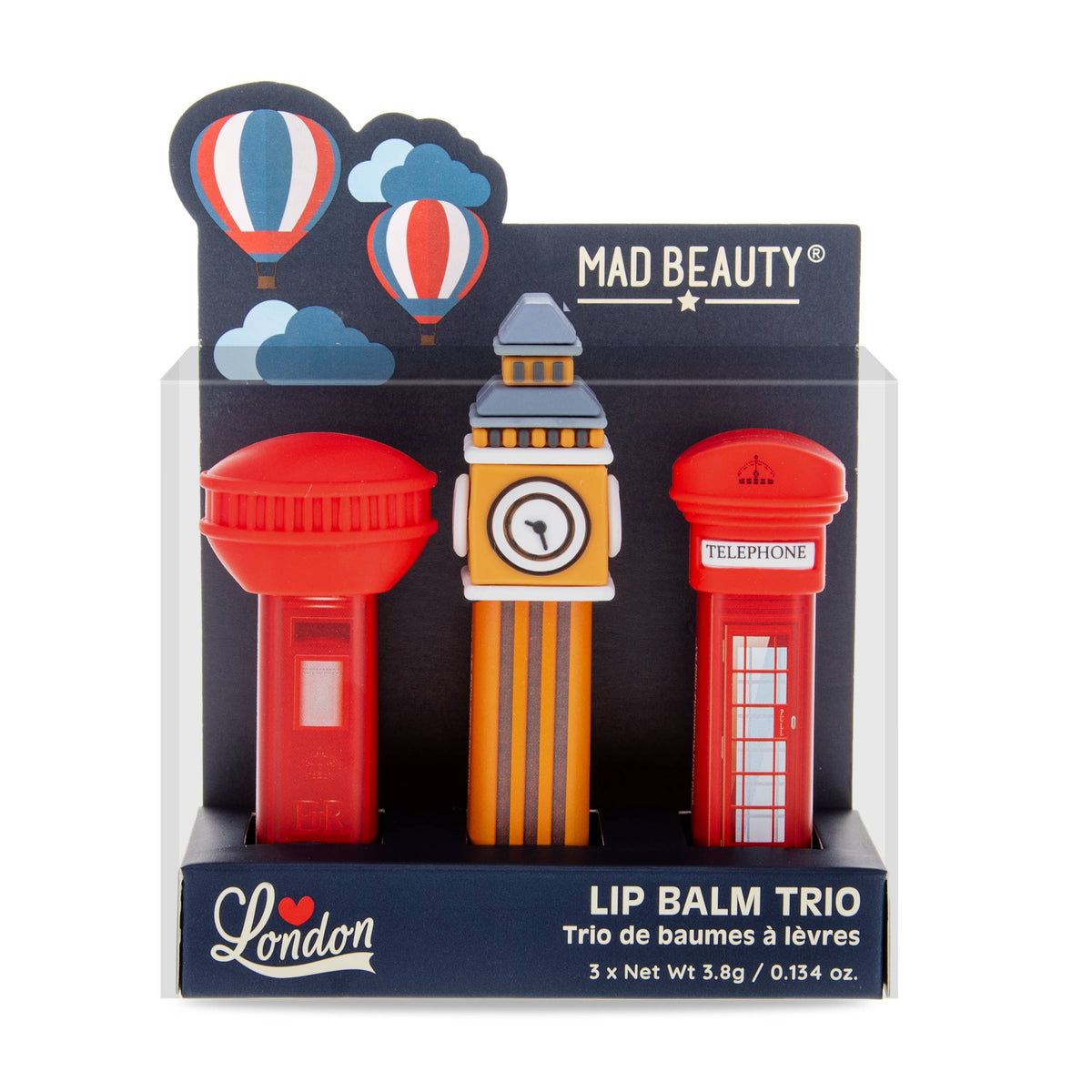 Lip Balm Trio with Box Big Ben, Telephone Box & Post Box Packaging