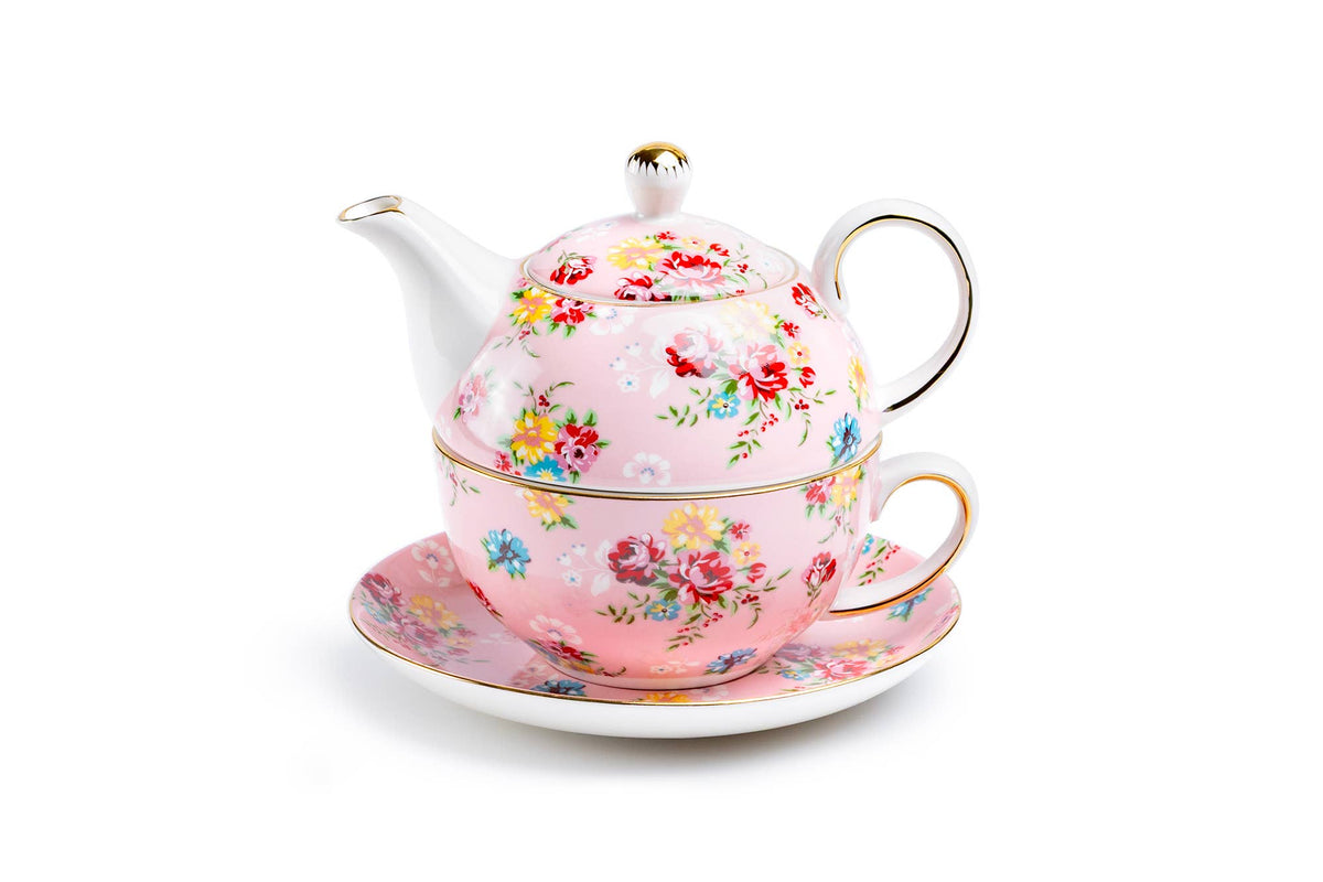 Tea For One Set - Pink Shabby Rose Fine Porcelain