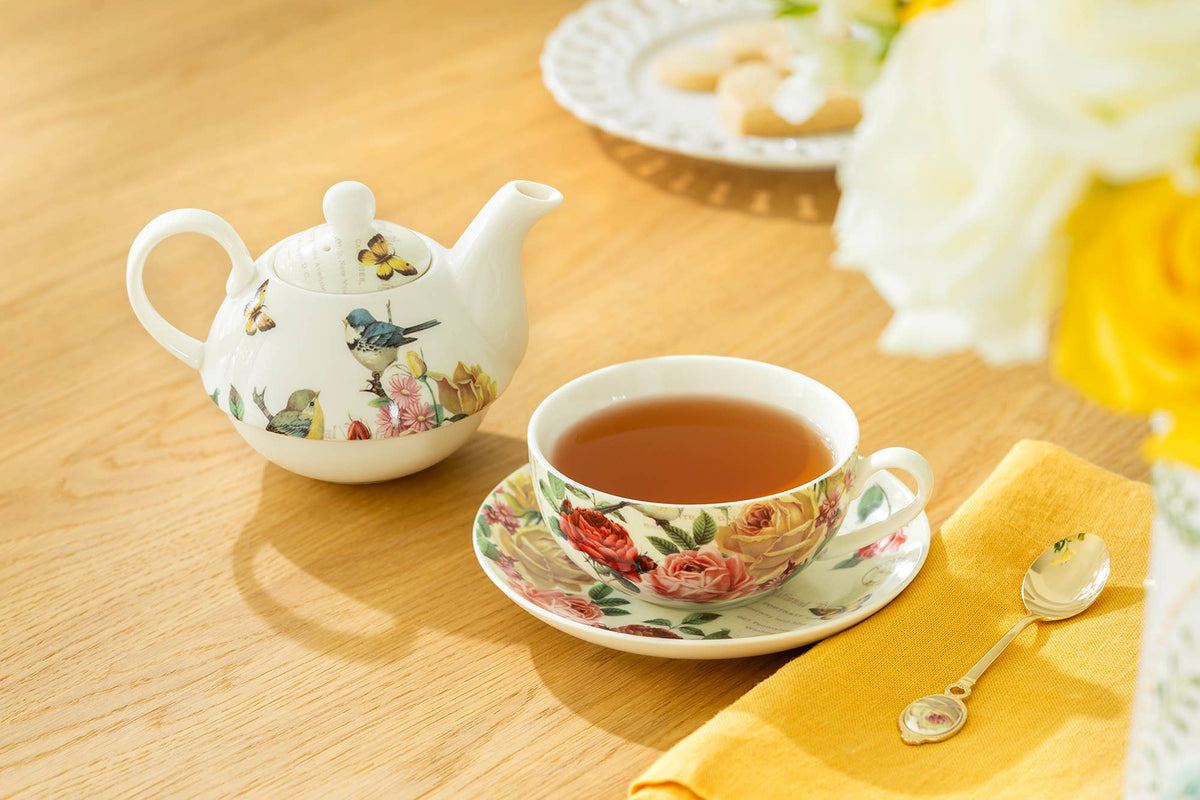 Tea For One Set - Yellow Rose Garden Fine Porcelain