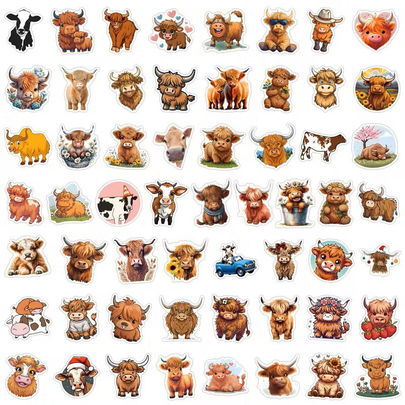HIghland Cow Stickers 50 Pcs (assorted designs)