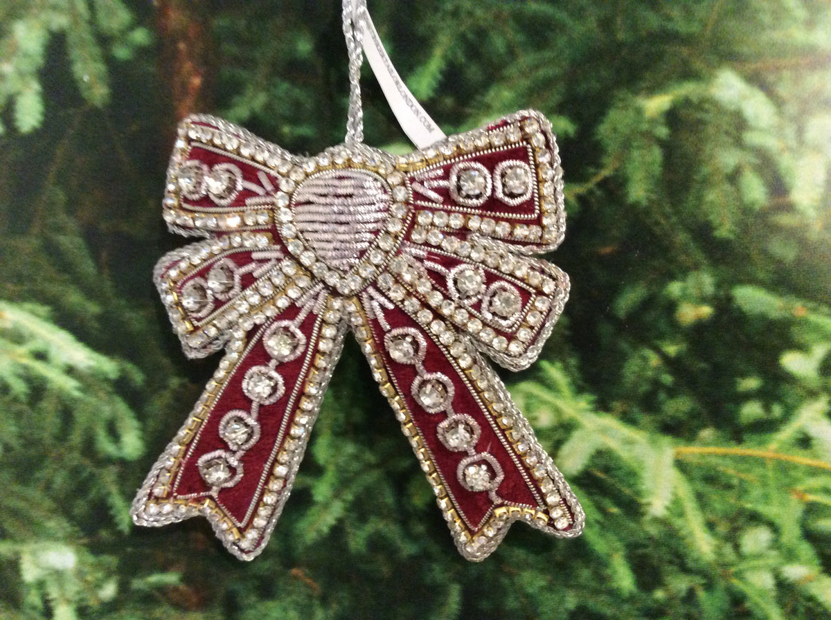 #33 Tinker Tailor Wine Crystal Bow Christmas Ornament.